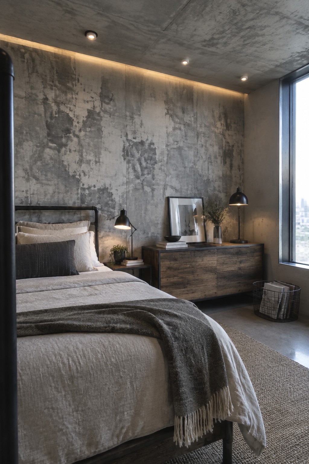 A modern bedroom with a bed against a gray textured concrete wall lit by cove lighting at the top and recessed ceiling lights, next to a wooden dresser with black lamps.