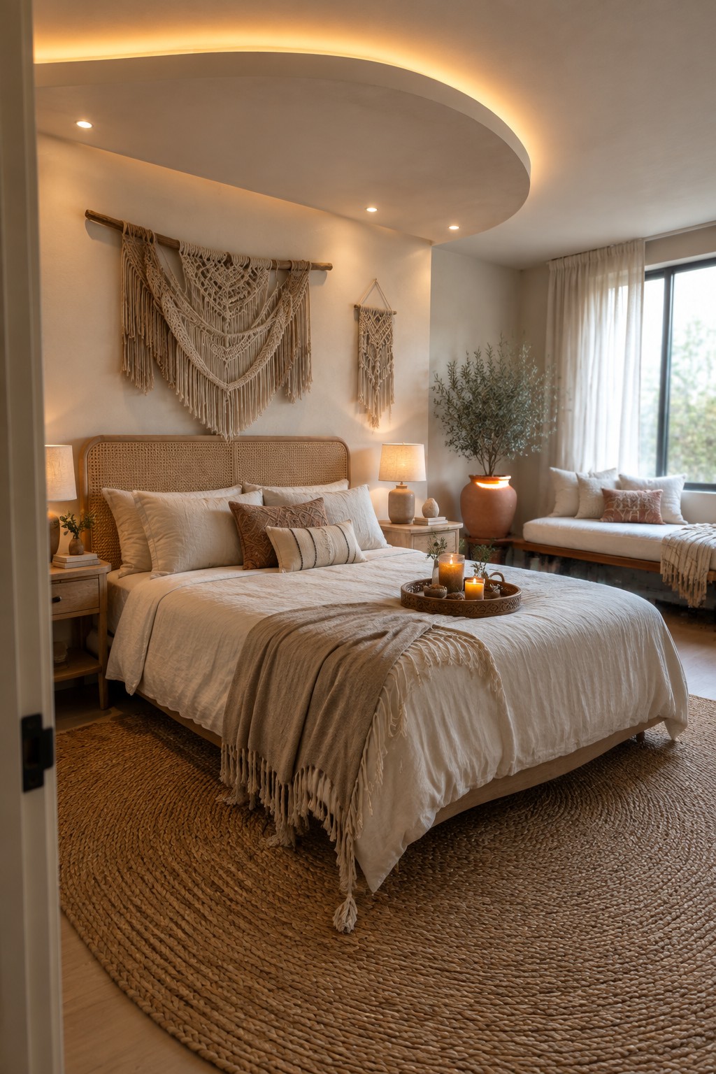 A modern bedroom featuring a curved ceiling with integrated cove lighting, a bed with neutral linens, and macrame wall hangings above the headboard.
