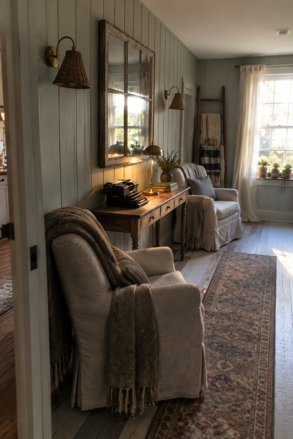 Cozy cottage room with slipcovered armchairs, vintage typewriter desk, mirror, and runner rug.