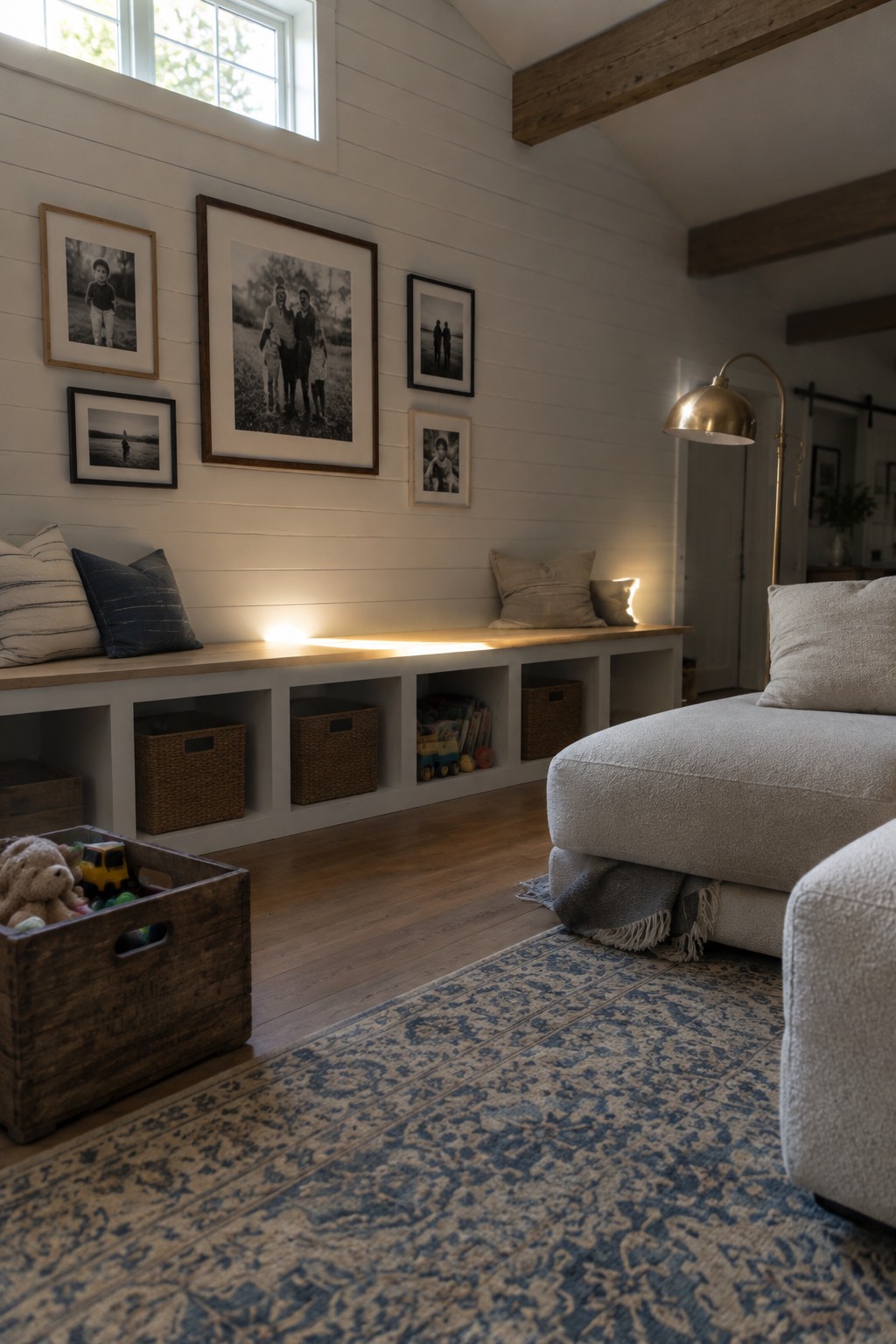 A living room with white shiplap walls, a long built-in bench with open cubbies holding baskets and toys, framed photos above the bench, a brass floor lamp, and a white sectional sofa on a blue patterned rug.