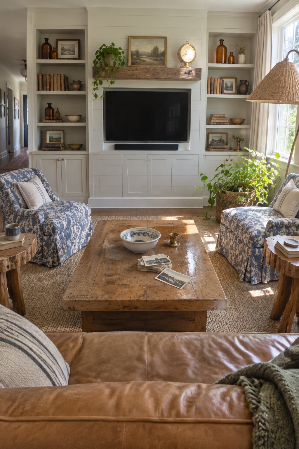 Cozy living room with brown leather sofa, rustic wooden coffee table, and blue patterned chairs.