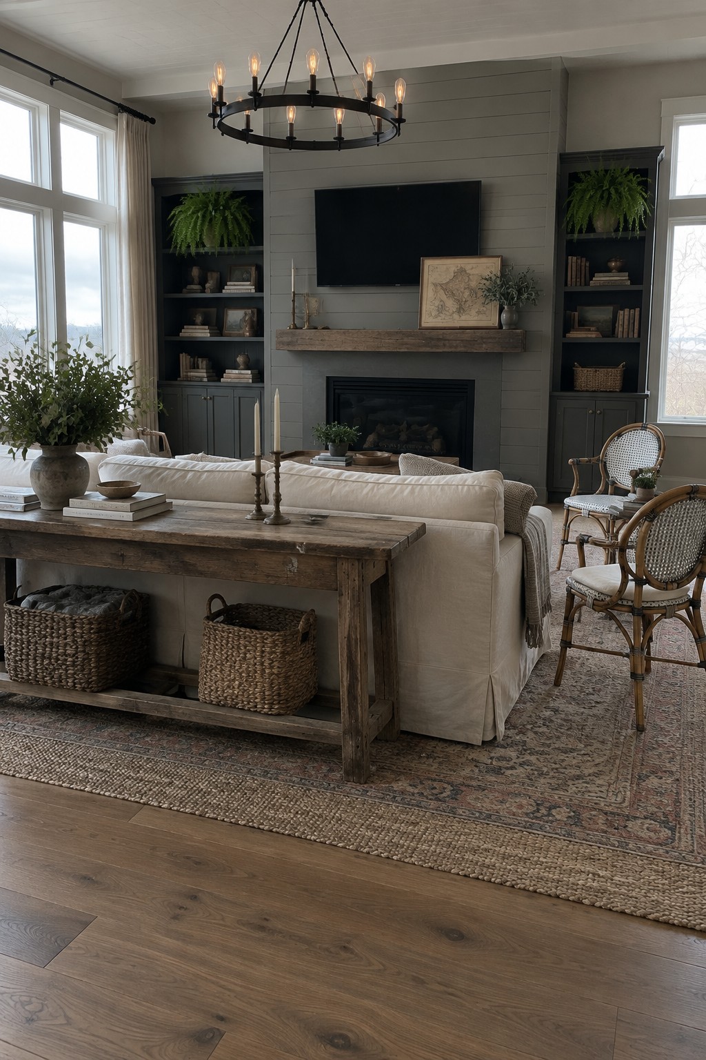 A modern farmhouse living room featuring a white sofa facing a fireplace with dark built-in shelves on both sides, a wooden mantel, and a large round chandelier overhead.