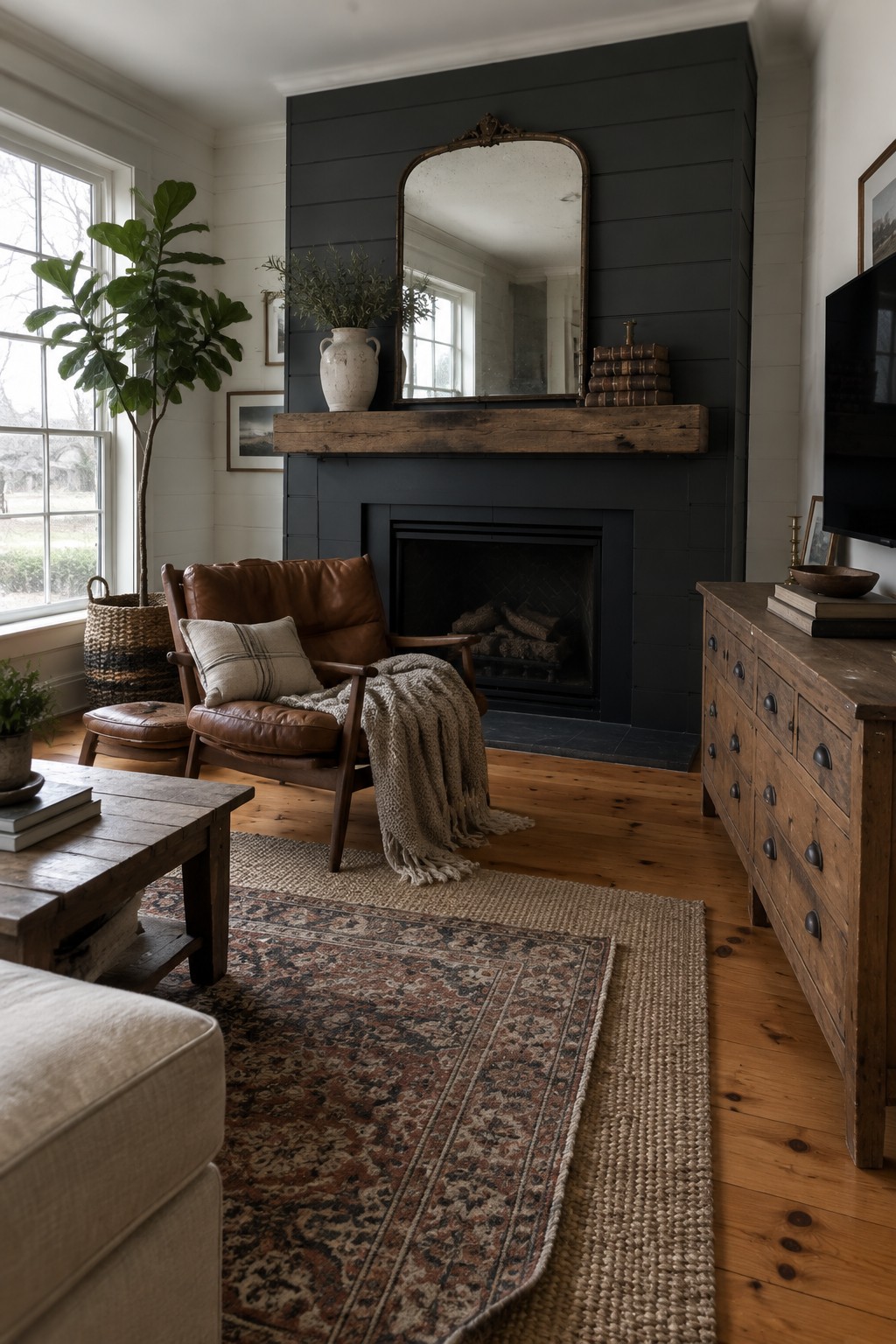 A living room featuring a black shiplap fireplace wall with a rustic wooden mantel, an ornate vintage mirror above it, a brown leather armchair, and a patterned area rug on hardwood floors.