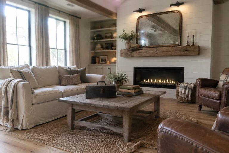 A living room with a black fireplace set into a white shiplap wall, a rustic wooden mantel below an aged mirror, and a weathered coffee table holding stacked books and a metal box.