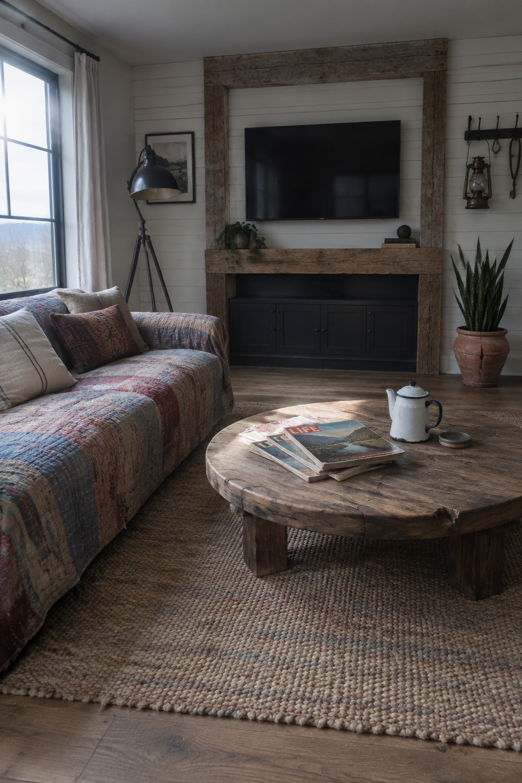 A living room interior with white shiplap walls, a large reclaimed wood frame surrounding a wall-mounted television above a dark built-in cabinet, and a round wooden coffee table in the foreground.