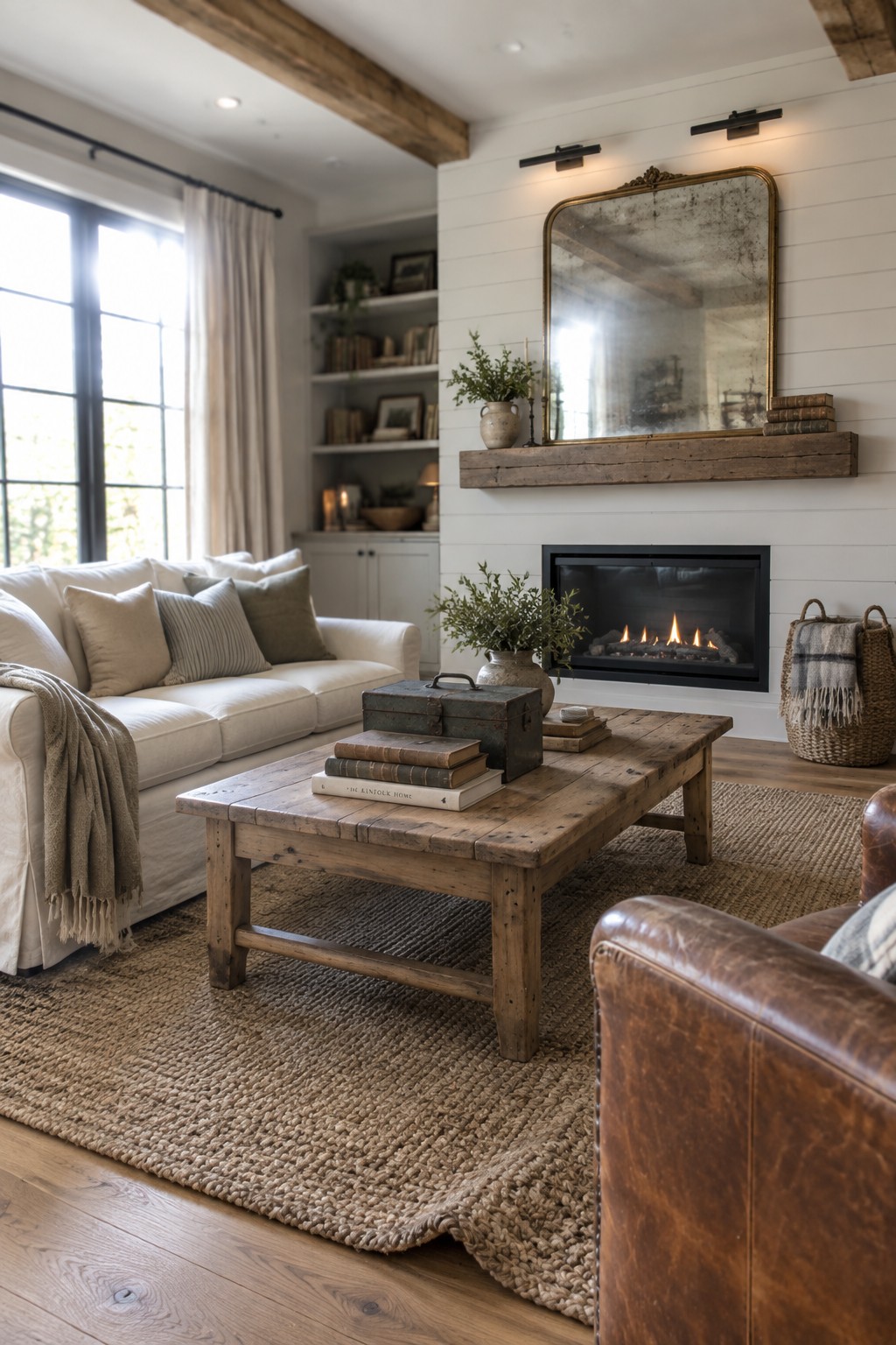 A living room with a black fireplace set into a white shiplap wall, a rustic wooden mantel below an aged mirror, and a weathered coffee table holding stacked books and a metal box.