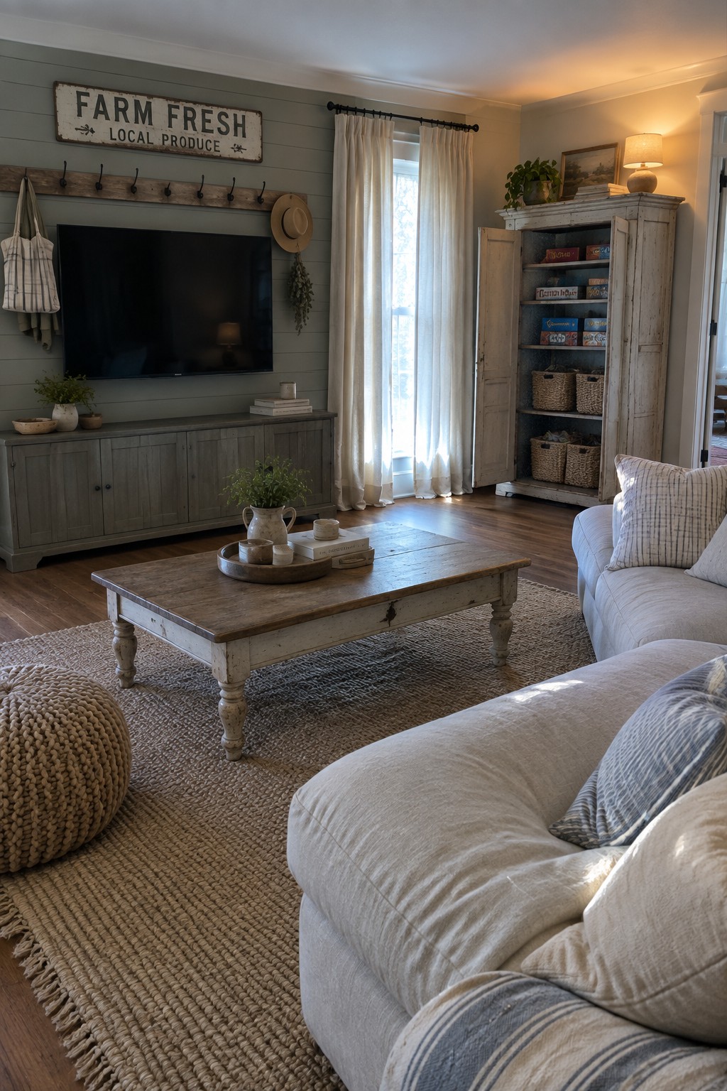 A living room interior with gray shiplap wall, wall-mounted flat screen TV, wooden sign above, distressed coffee table on jute rug, and light-colored sectional sofa.