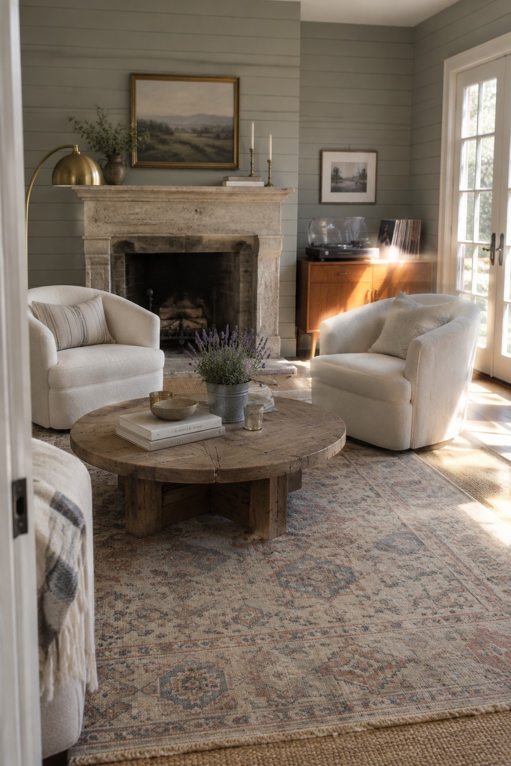 Cozy living room with white armchairs, round wooden table, and stone fireplace