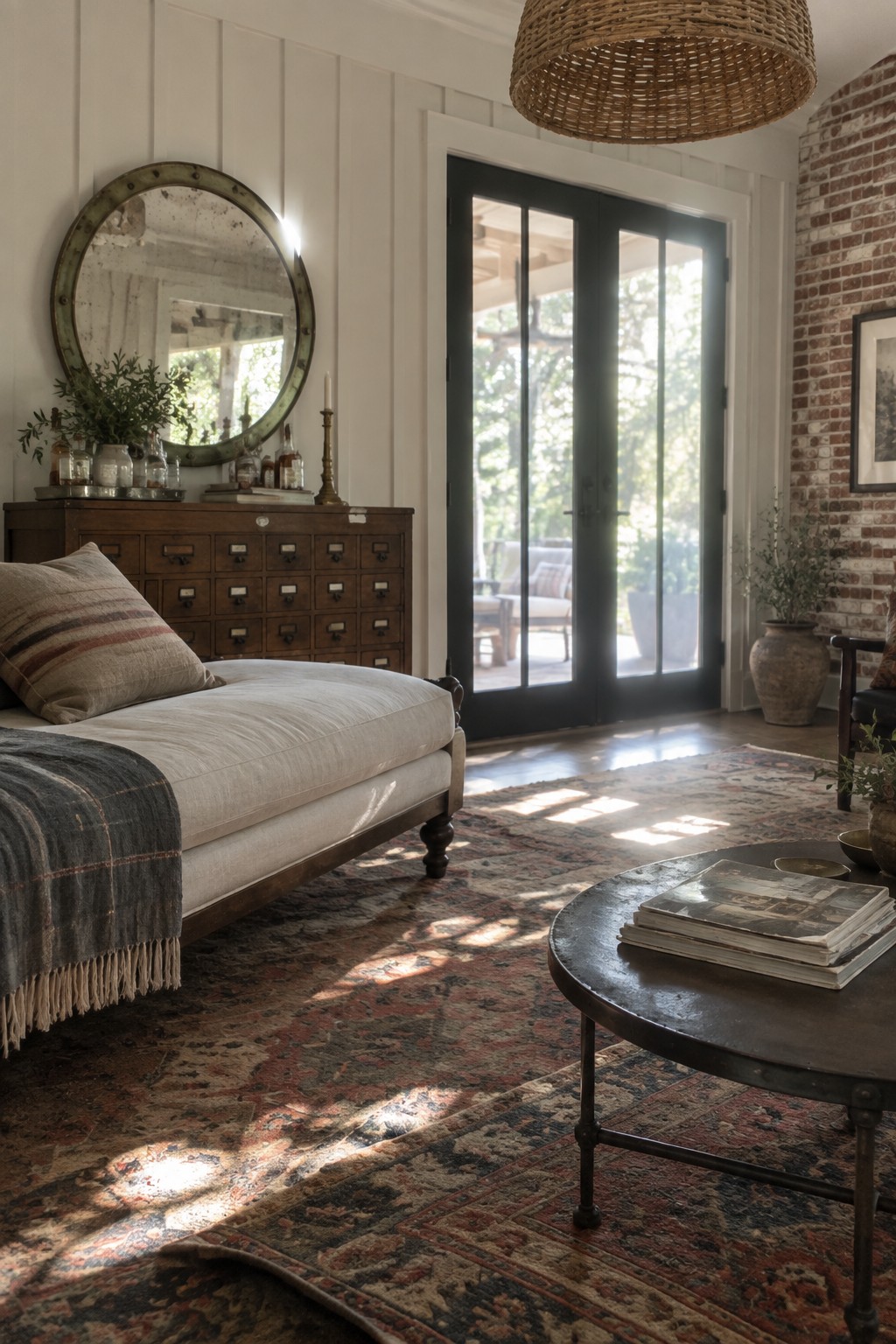 Sunlit room with beige daybed, patterned rug, round mirror, wooden cabinet, and open doors.