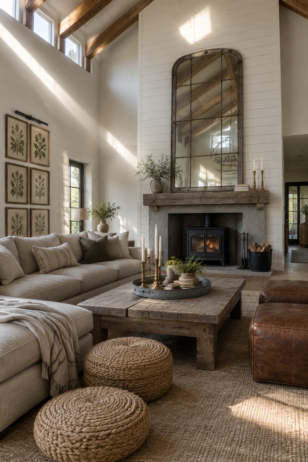 A bright living room with white shiplap walls, a stone fireplace, a large vintage arched mirror above the mantel, a wooden coffee table, and a beige sectional sofa.