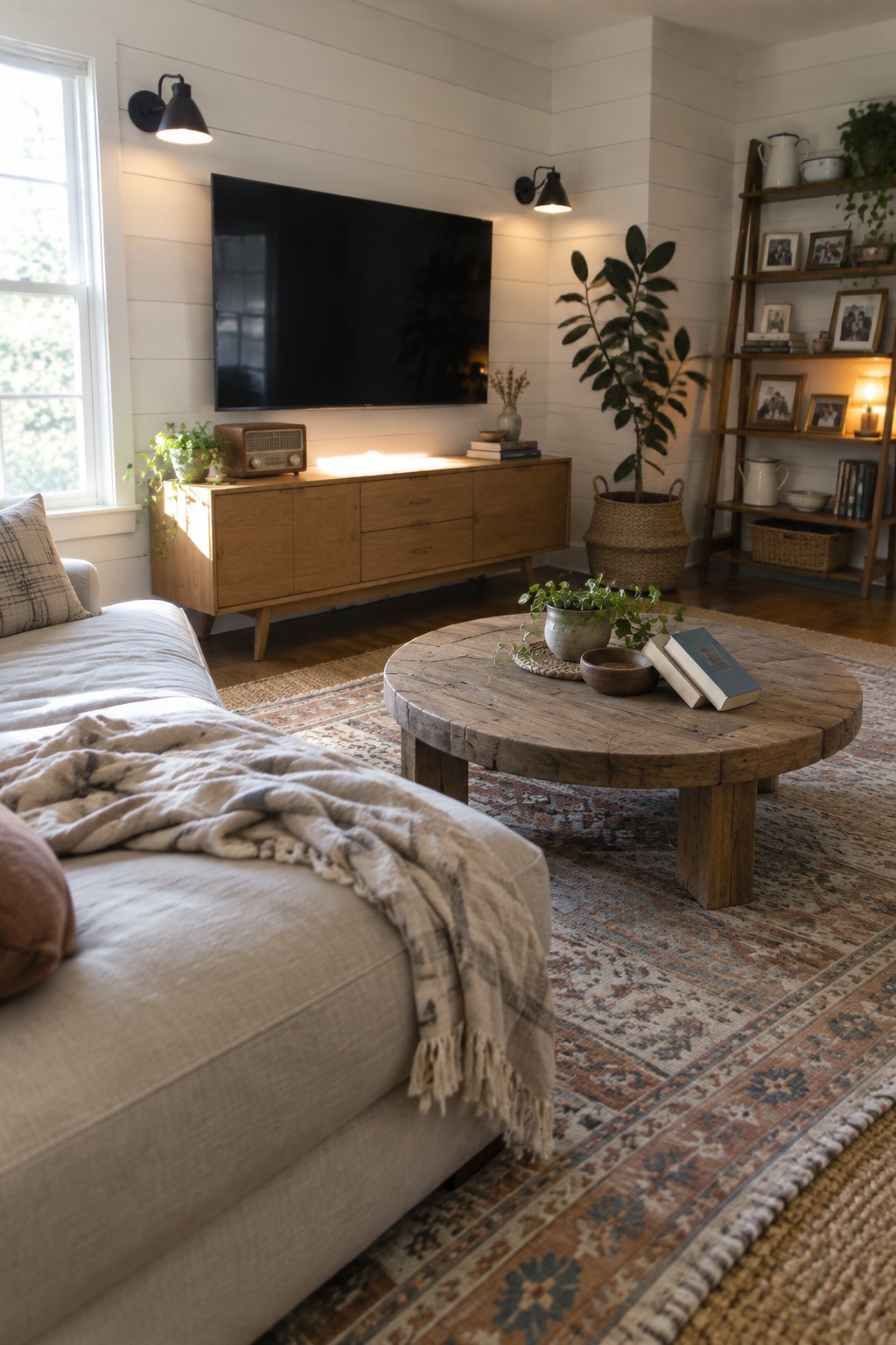 A living room with white shiplap walls, a wooden media console holding a television, a round wooden coffee table on a patterned rug, and several houseplants.