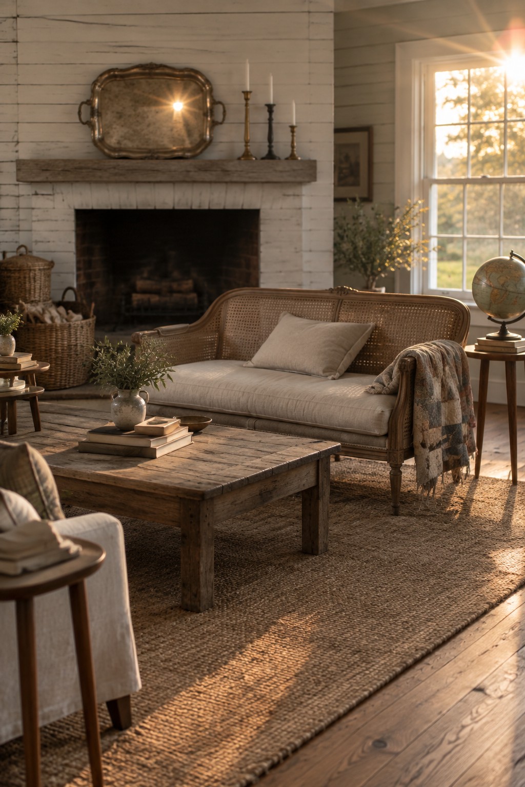 A living room with white shiplap walls, a brick fireplace topped by a large vintage metal tray and candlesticks, a cane sofa, wooden coffee table on a jute rug, and sunlight coming through a window.