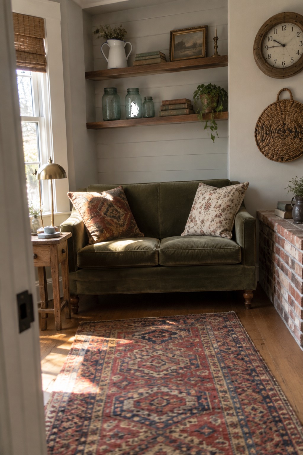 A living room with white shiplap walls, two floating wooden shelves holding books and glass jars, a green velvet sofa with patterned pillows, and a red patterned rug on wood floors.