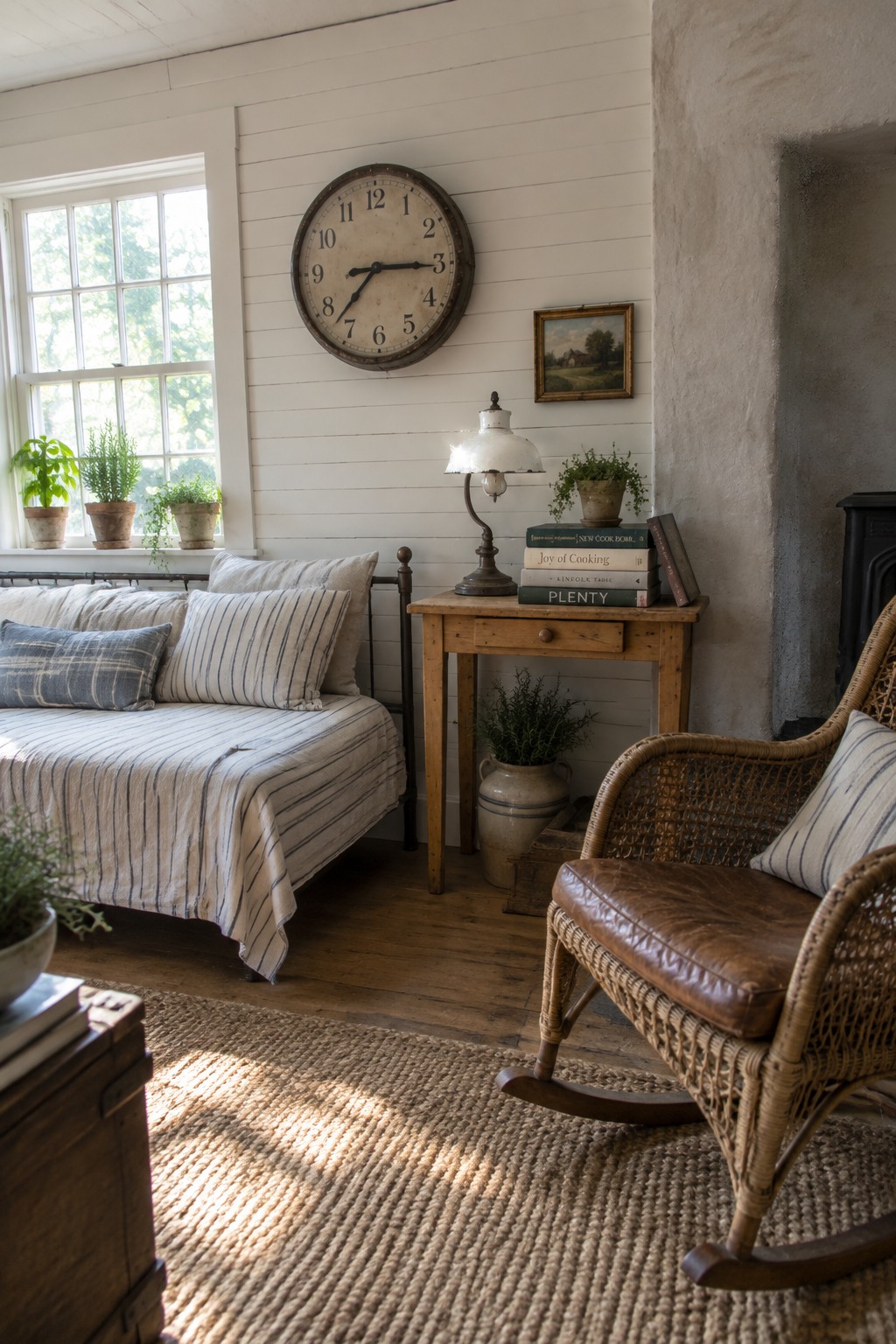 Cozy rustic room with daybed, wicker rocking chair, wall clock, and plants.
