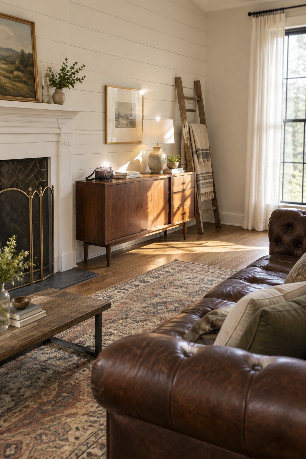 A living room with white shiplap walls, a dark wood console table holding a vintage camera and lamp, a brown leather sofa in the foreground, and a white fireplace on the left.