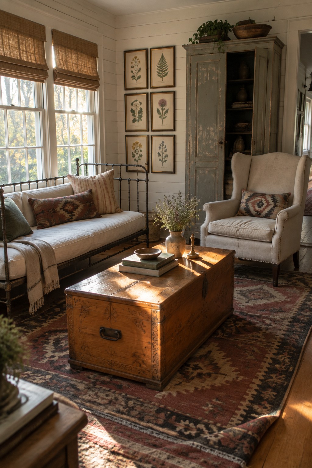 Sunlit rustic living room with wooden trunk table, daybed, armchair, and botanical prints.