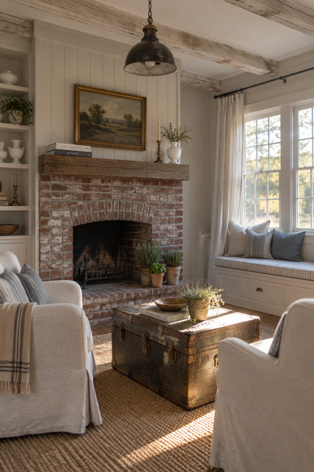 Rustic living room with brick fireplace, vintage trunk table, white armchairs, and window seat