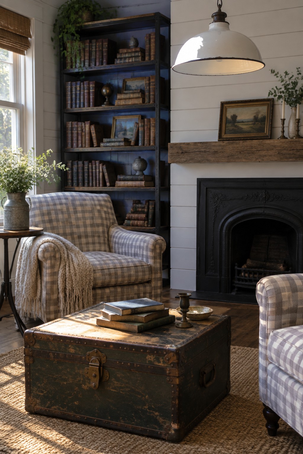 A living room featuring a large distressed vintage trunk as a coffee table, two plaid armchairs, a black fireplace with a wood mantel, built-in bookshelves filled with books, and white shiplap walls.