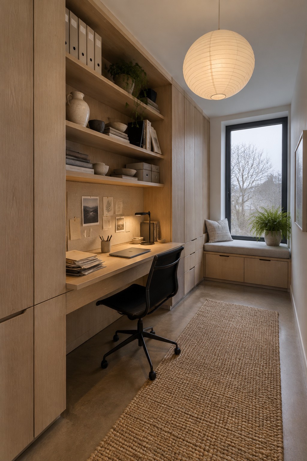 A narrow home office features light wood built-in shelving above a desk, a black office chair, and a cushioned window seat with storage drawers below.