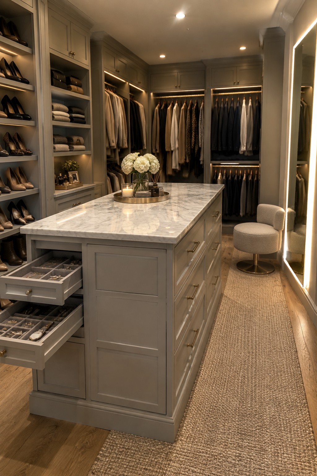 Elegant gray walk-in closet with marble island, open jewelry drawers, and clothing racks