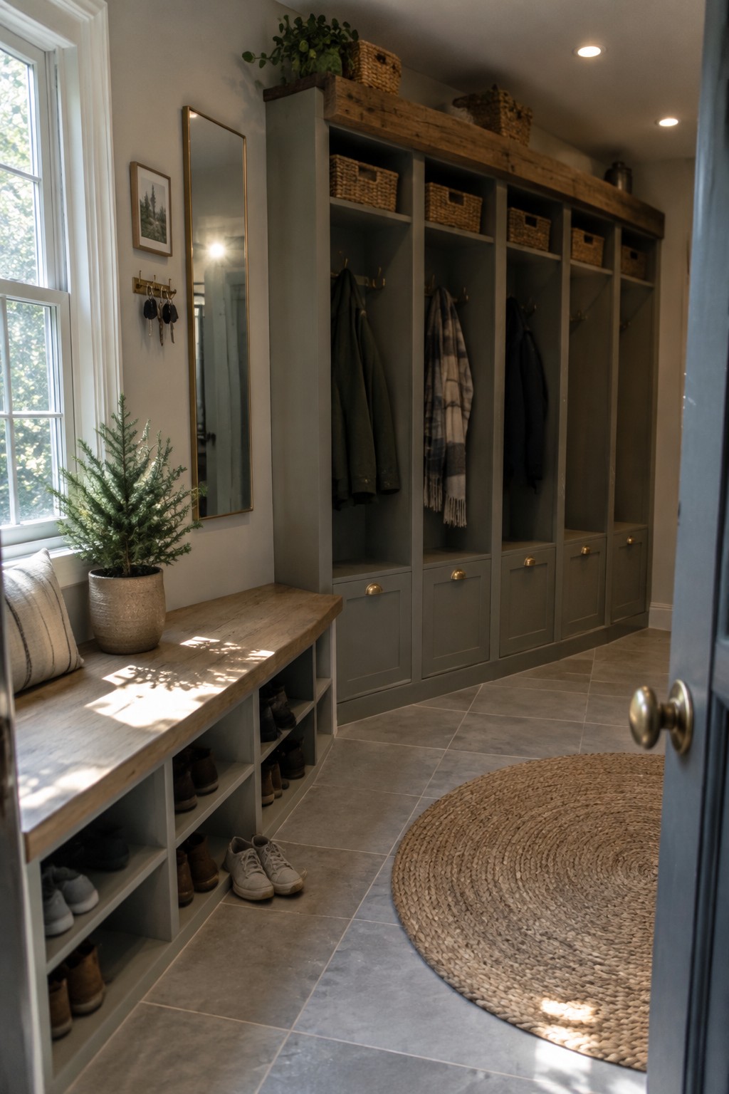 A mudroom interior with gray built-in cabinetry, open cubbies, a wooden bench with shoe storage, coat hooks, woven baskets, and a round jute rug on gray tile flooring.