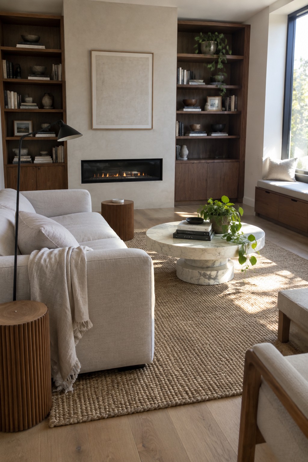A living room with built-in wooden bookshelves flanking a linear fireplace, a light-colored sofa, a marble coffee table, and a large jute rug on hardwood flooring.