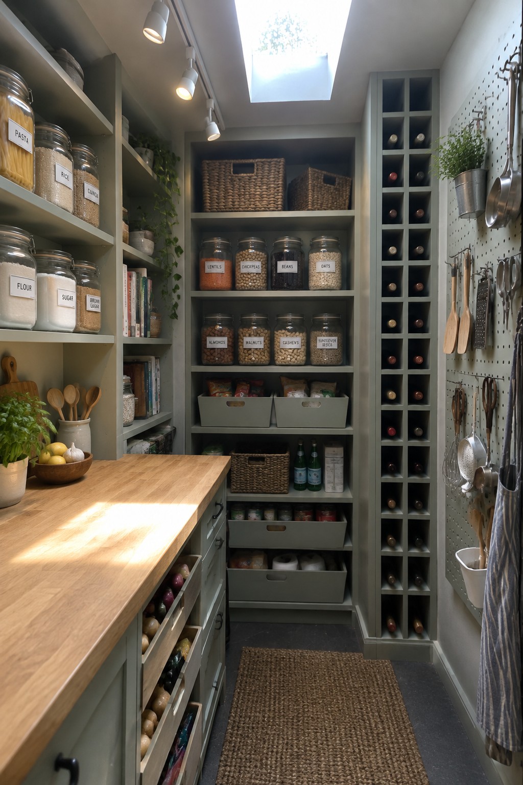 Organized pantry with labeled jars, wine rack, pegboard tools, and wooden countertop