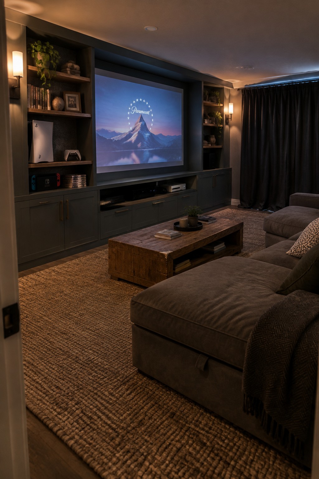 A living room featuring a large built-in entertainment center with dark cabinetry, open shelves, and a television displaying a mountain landscape with the Paramount logo.
