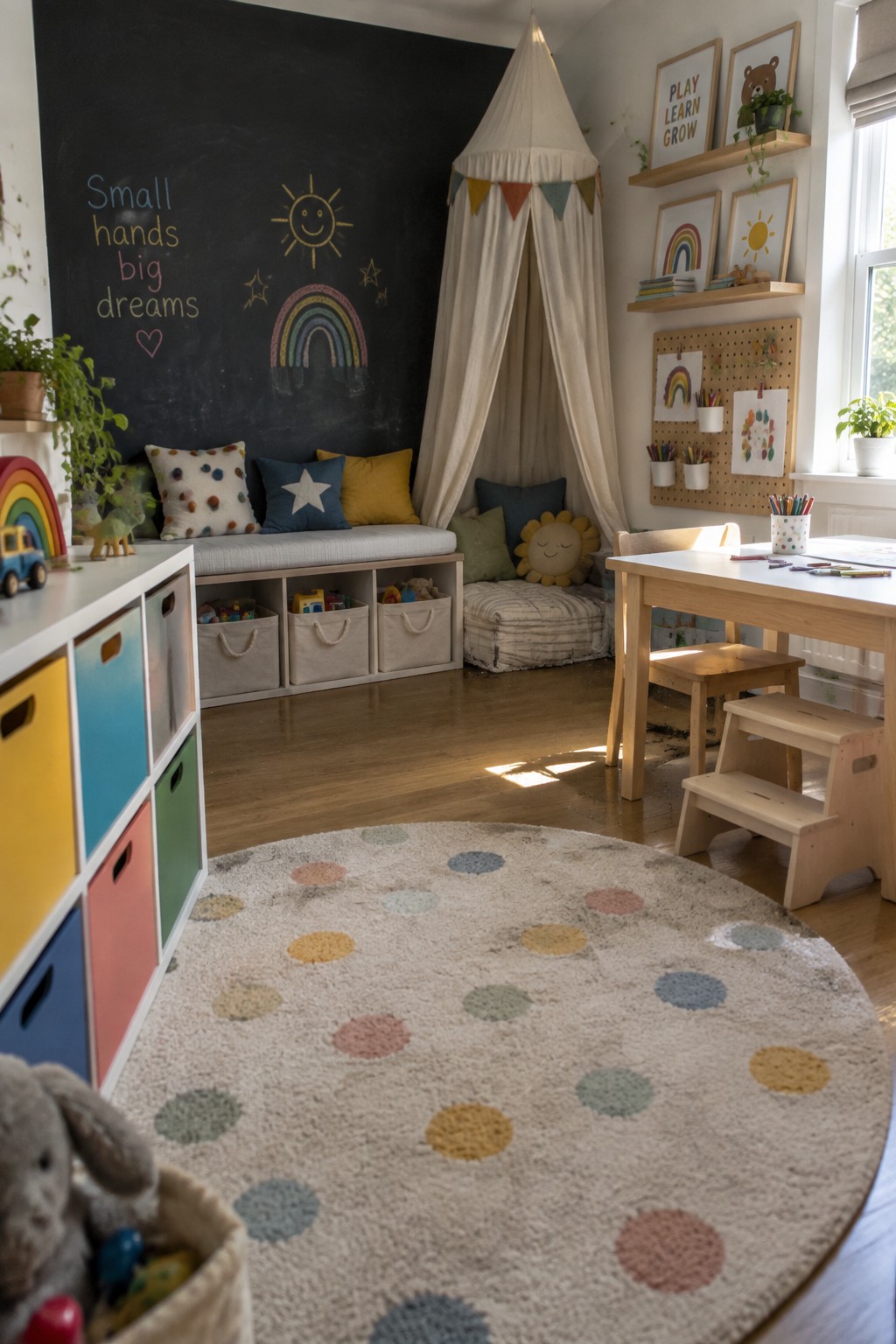 A bright children's playroom with a built-in storage bench under a chalkboard wall, a round dotted rug, a wooden desk with stool, and colorful toy storage along the left side.