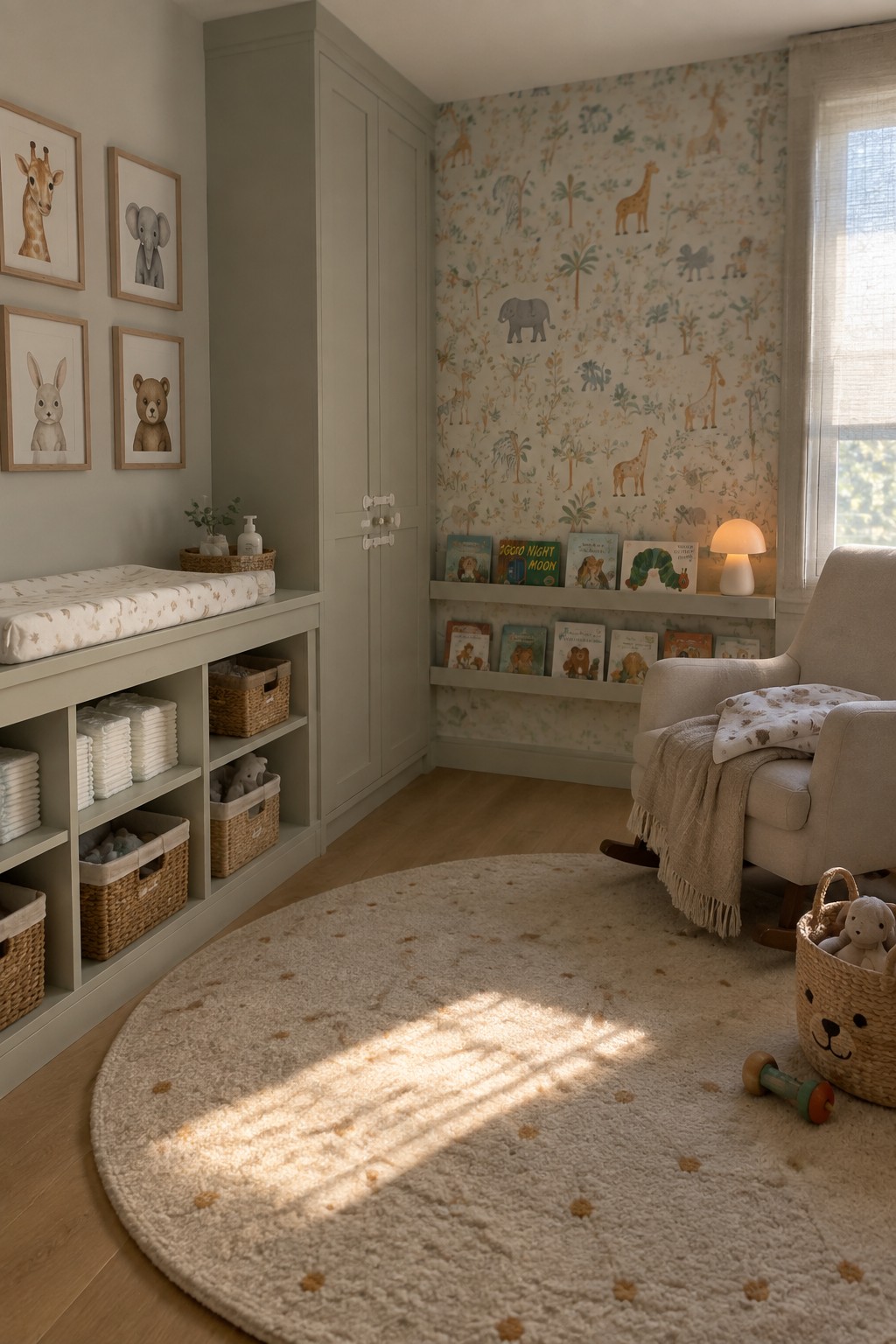 A nursery interior with sage green built-in cabinetry, open shelving holding children's books, a changing table on the left, a rocking chair on the right, and a round rug on the wood floor.