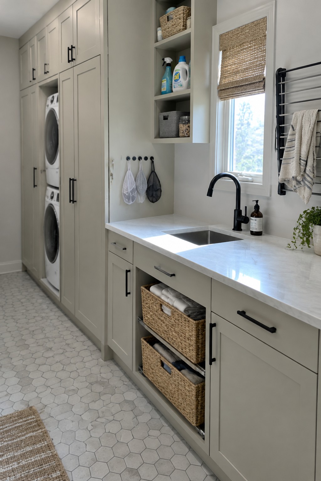 Modern laundry room with sage cabinets, marble sink counter, black faucet, and wicker baskets.