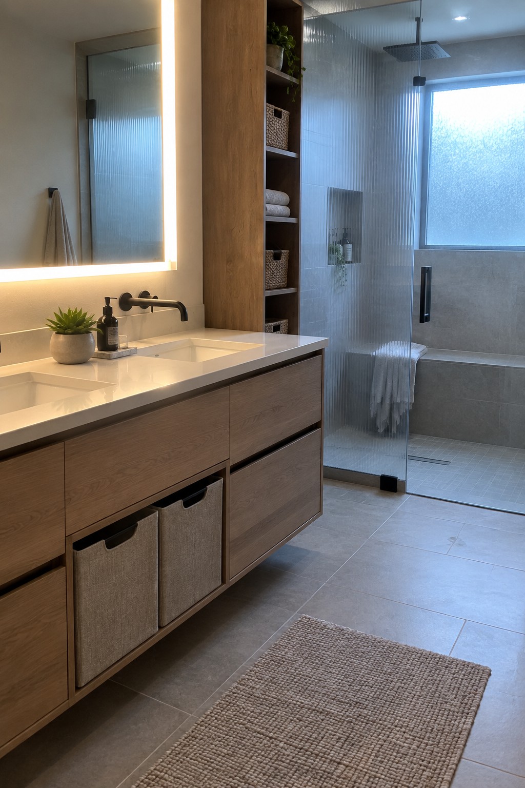 Modern bathroom with floating wood vanity, white double sinks, backlit mirror, glass shower, and woven rug