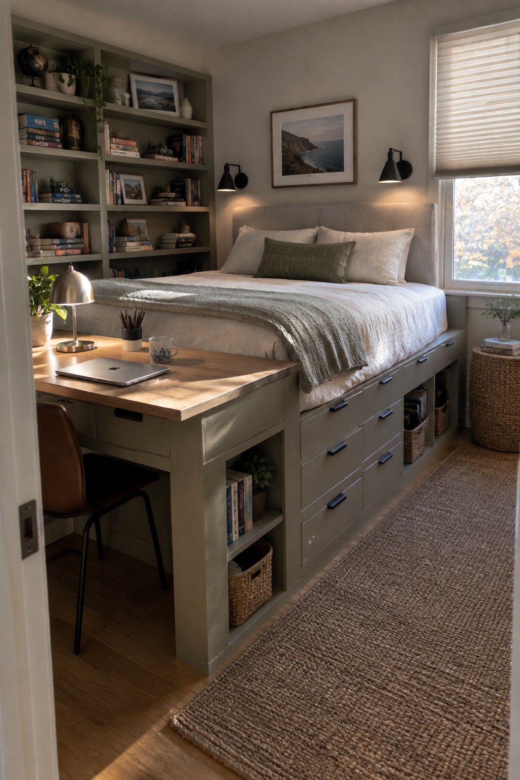 Cozy bedroom with built-in storage bed, wooden desk, bookshelves, and large window