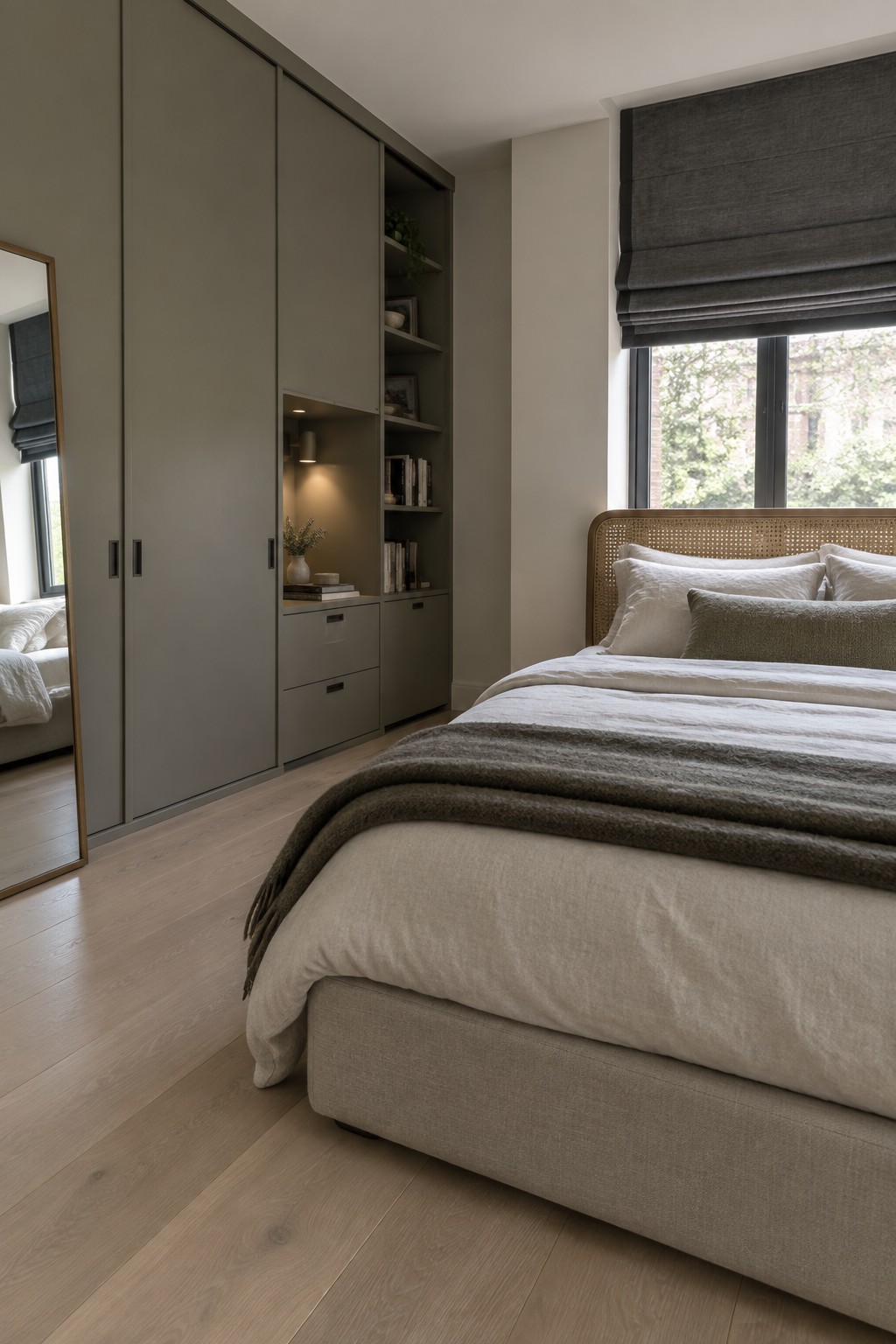 A modern bedroom with a large built-in storage unit in muted gray-green featuring closed cabinets and open shelving with books, positioned next to a bed with white and olive bedding.