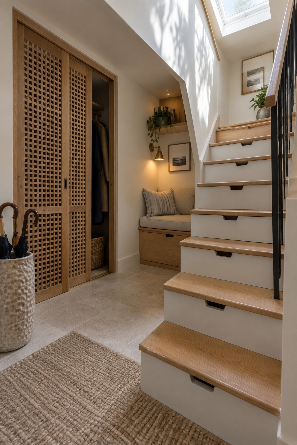 Interior view of a staircase with built-in drawers on the side, next to a wooden lattice closet and a cushioned bench with under-seat storage.