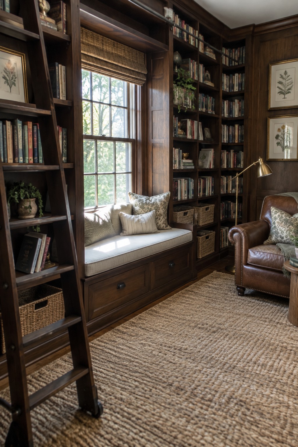 A library room with dark wood built-in bookshelves around a window featuring a cushioned seat with storage drawers below, a rolling ladder on the left, and a brown leather armchair on the right.