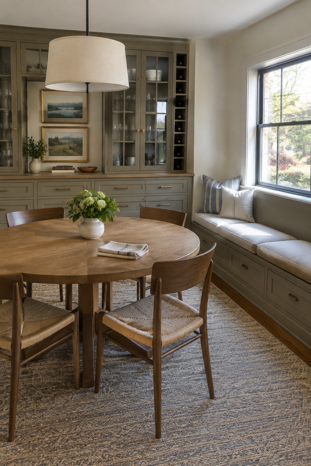 Round wooden dining table with woven chairs in sage green cabinet dining room