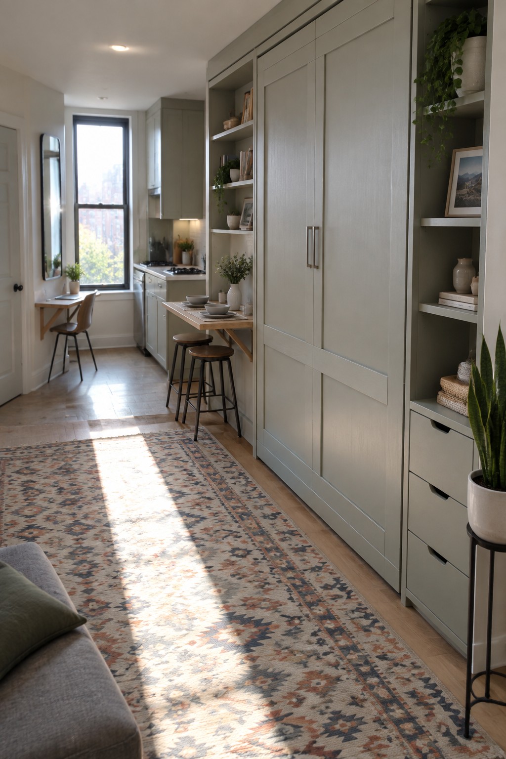 A narrow interior space shows tall sage green built-in cabinets along one wall with a fold-down wooden table, two stools, open shelving, and a patterned runner rug on light wood flooring.