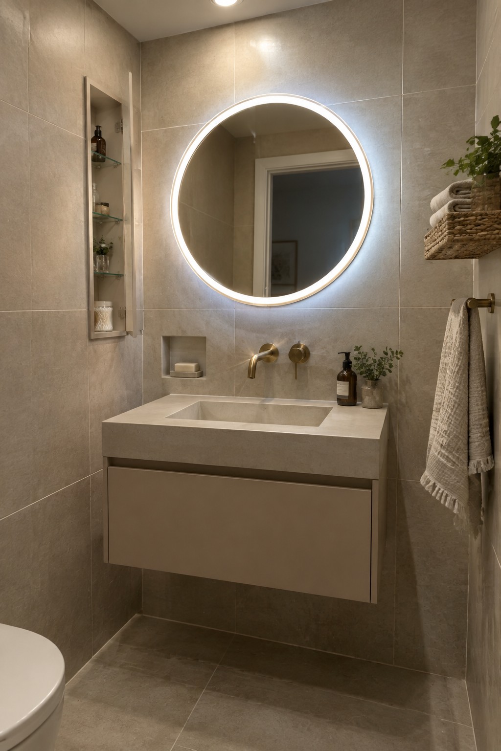 A modern bathroom featuring a floating beige vanity with integrated drawer storage, a round backlit mirror above, and a recessed wall niche holding soap.