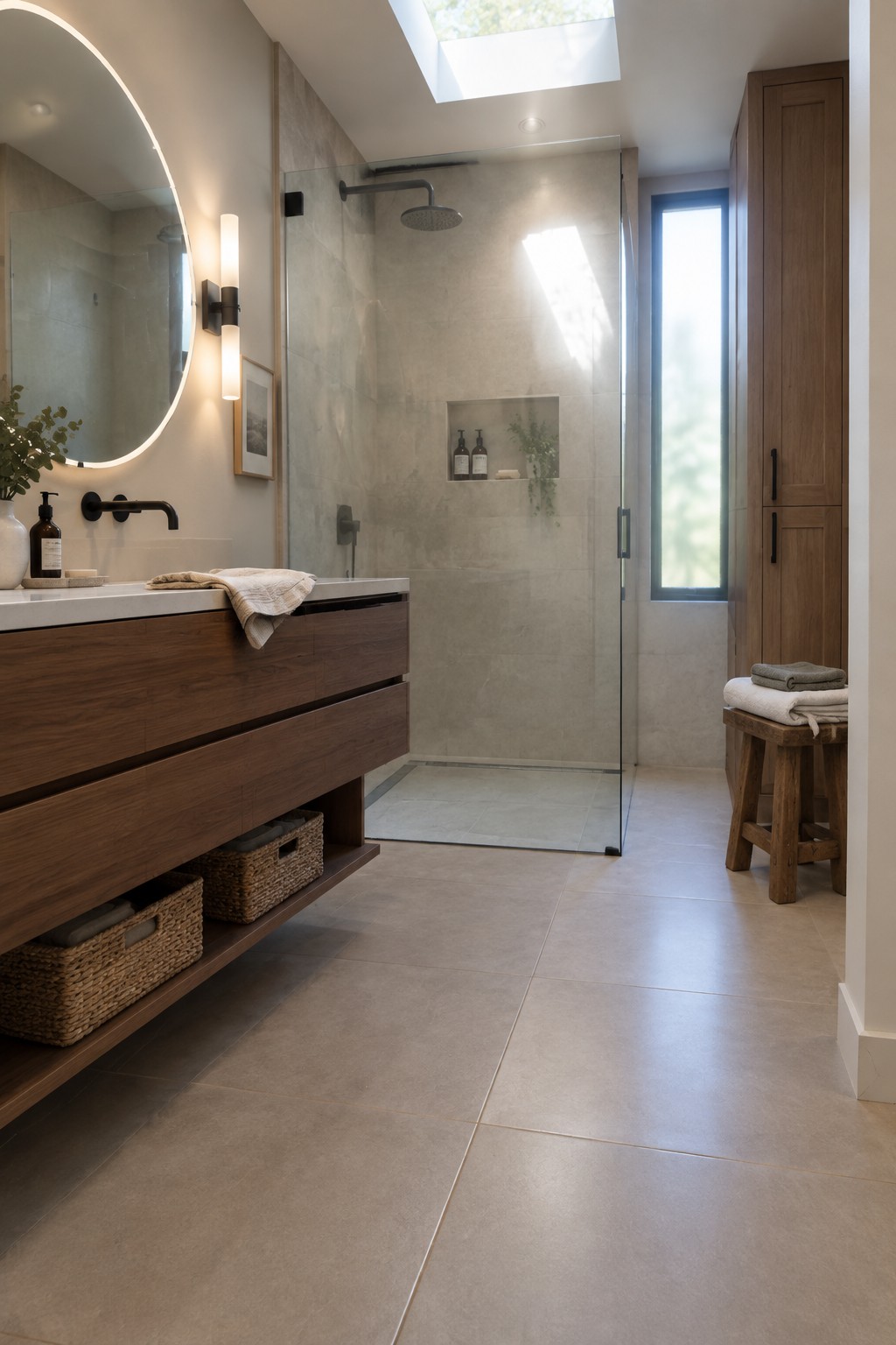 Modern bathroom with floating wood vanity, round backlit mirror, glass shower, and skylight.