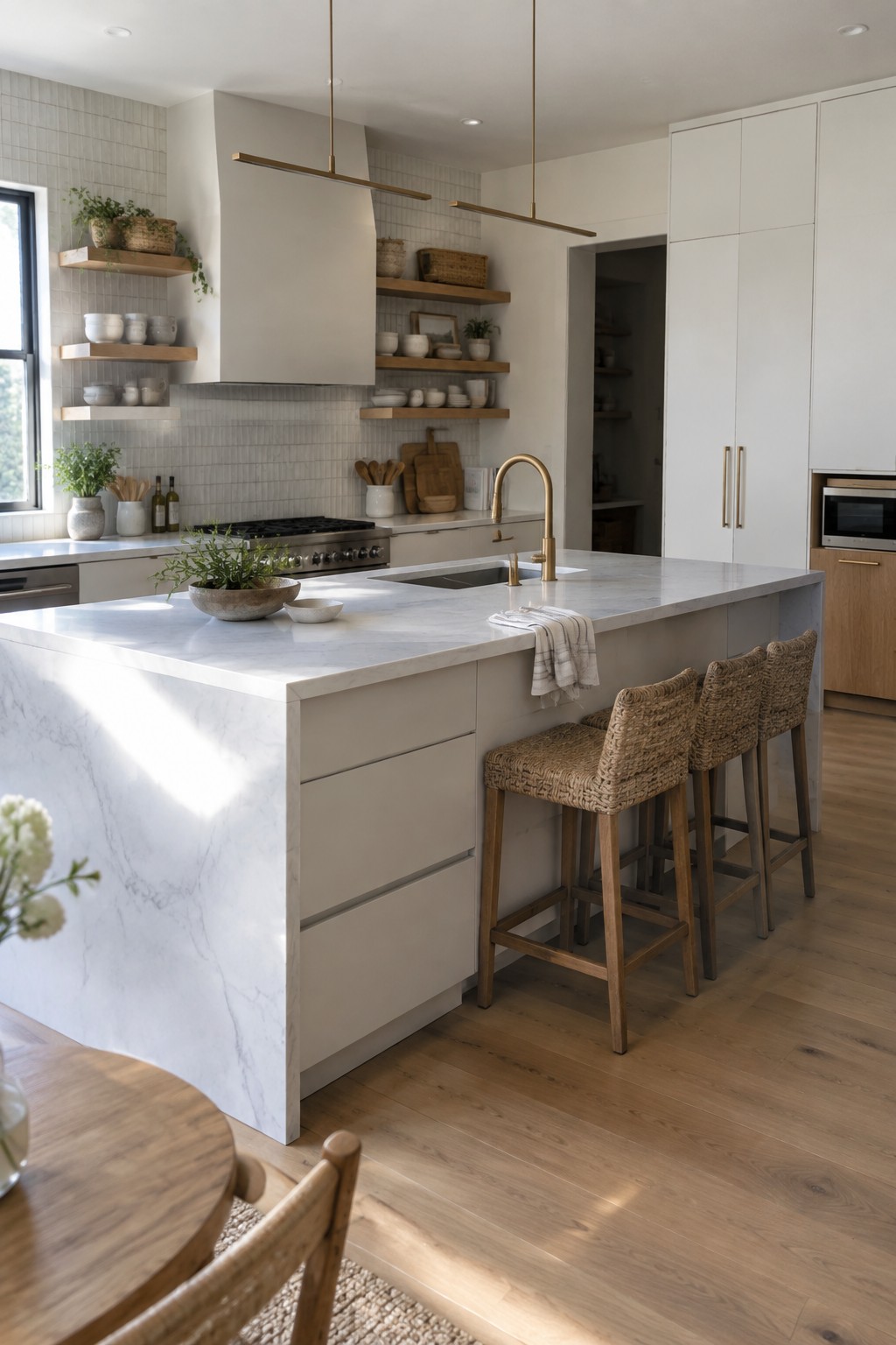 A modern kitchen with a large marble island featuring built-in drawers, three woven bar stools, and brass fixtures.
