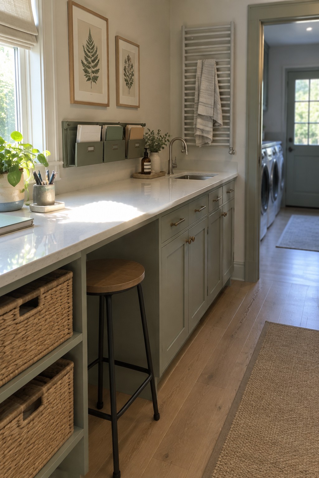 A long white countertop over sage green cabinets with a wooden stool tucked underneath, wall-mounted file holders, and a sink in a laundry room.