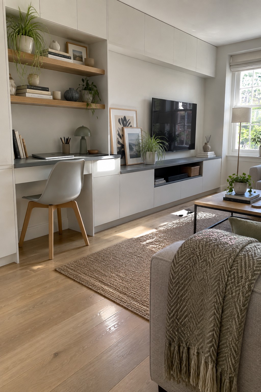 A modern interior showing a built-in desk with chair beneath floating wood shelves, integrated white cabinetry, and a television console along one wall.