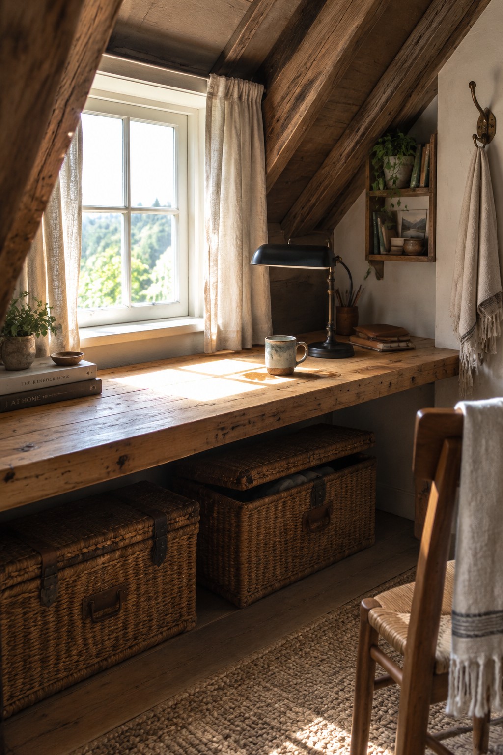 A long wooden built-in desk runs beneath a window in an attic room with a sloped ceiling, with wicker storage baskets underneath and a wooden chair pulled up to one end.