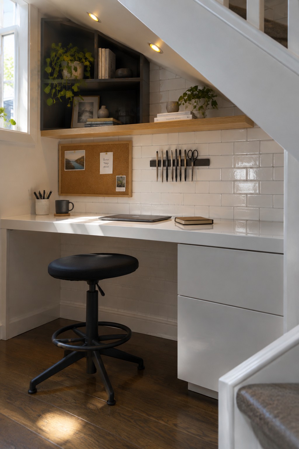 A white built-in desk with drawers sits under a staircase next to a black adjustable stool, with a corkboard and magnetic knife strip on the white tile wall above.