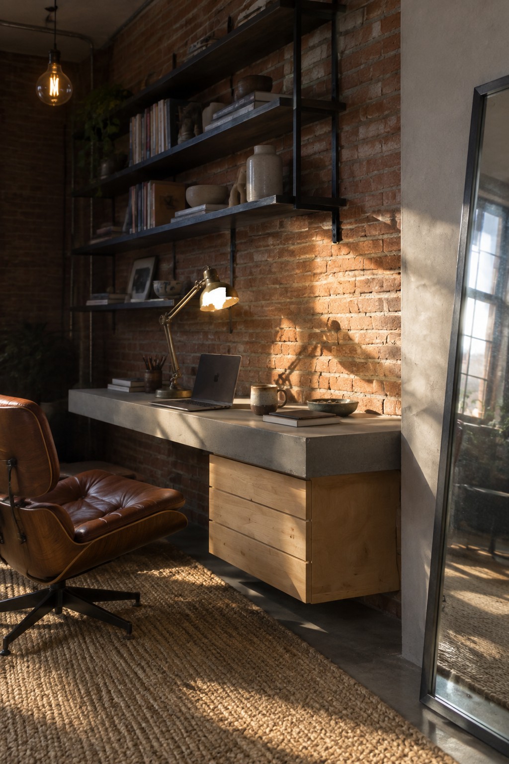 Sunlit industrial office with leather chair, concrete desk, brick shelves, and laptop.