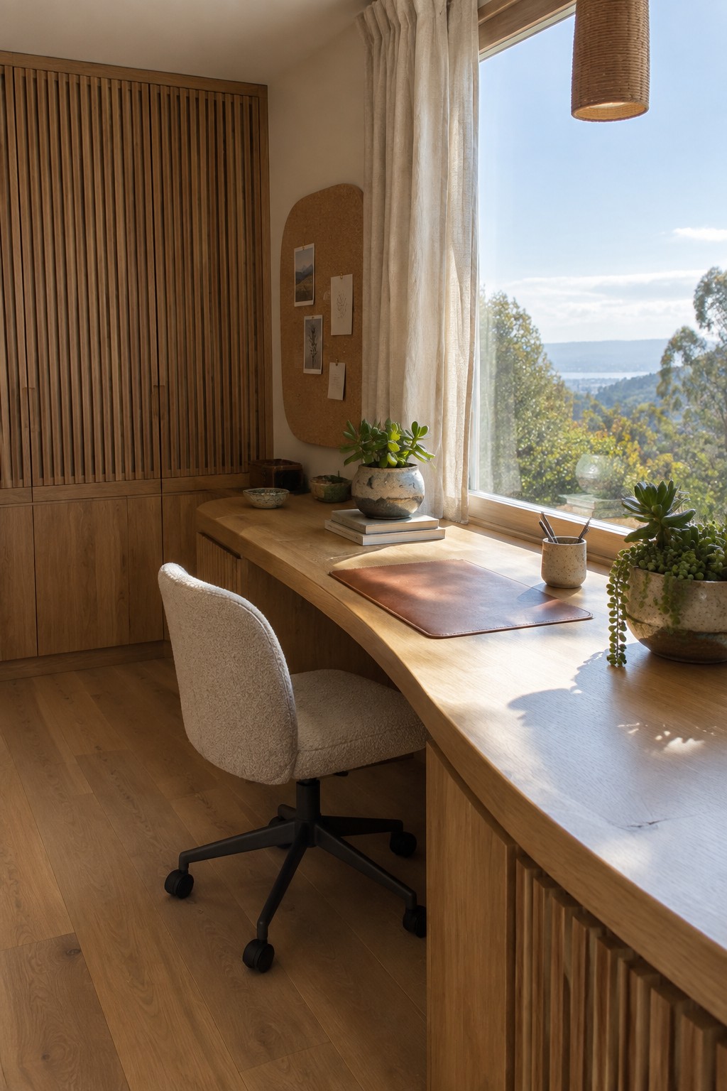A wooden built-in desk curves along a large window in a home office, with a beige upholstered chair, books, plants, and a leather desk pad on the surface.