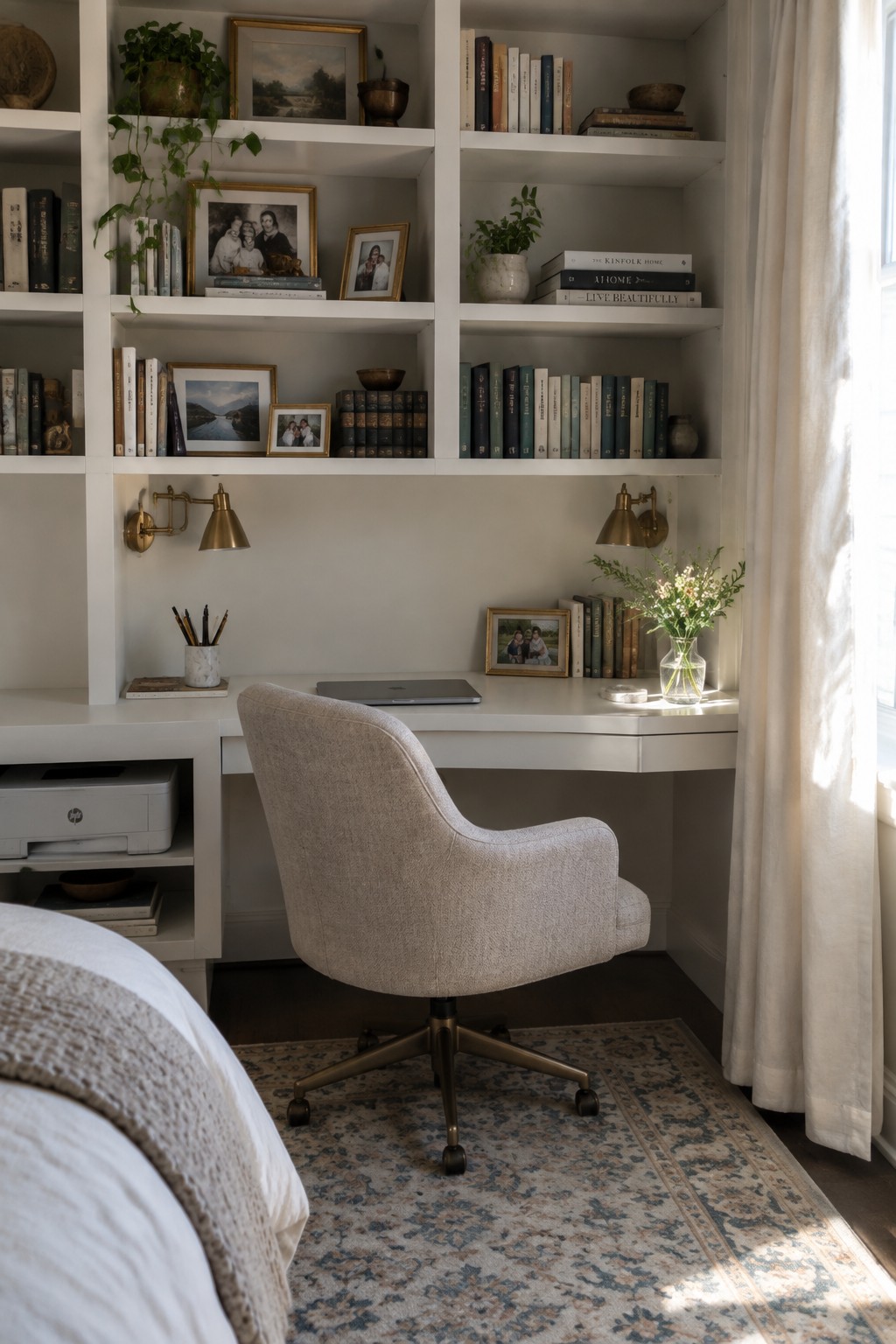 A white built-in desk and shelving unit in a home office with a swivel chair, laptop, and books on the shelves.