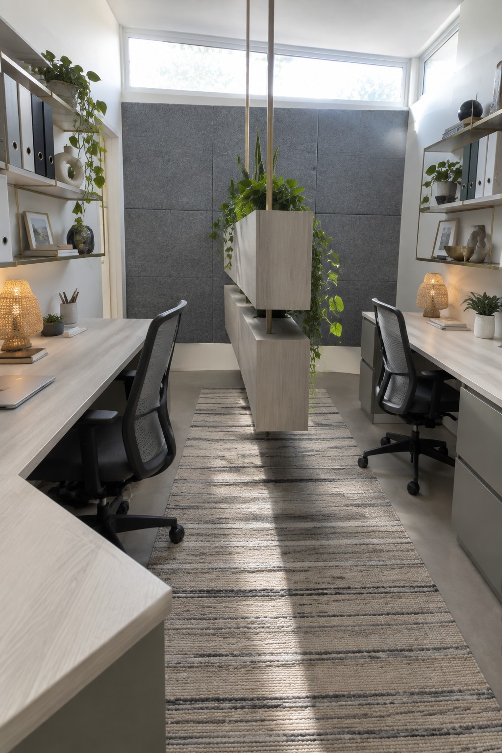 A narrow modern home office with light wood built-in desks along both walls, a floating central cabinet with plants on top, two black mesh office chairs, and a striped rug running down the middle under a skylight.