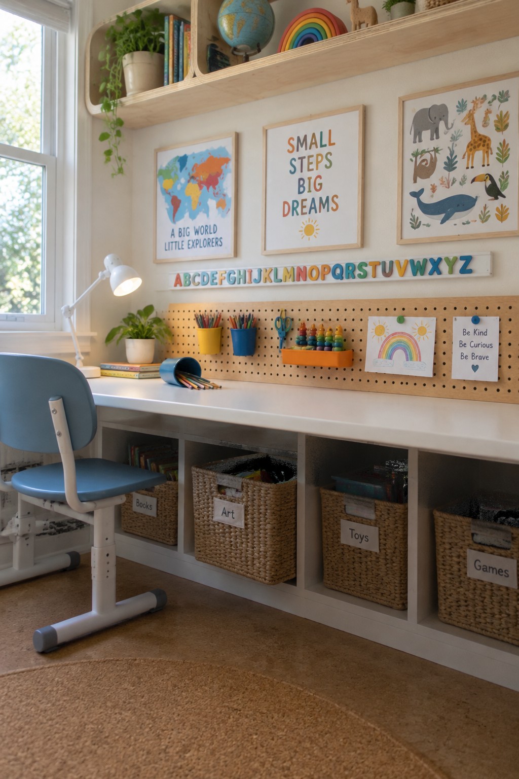 A white built-in desk with open cubbies holding labeled woven baskets, a pegboard above with art supplies, and a blue children's chair in front.